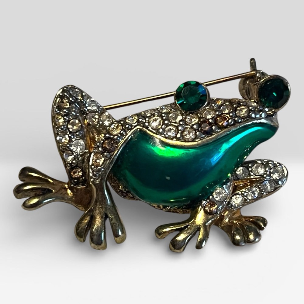 Frog Brooch Green and Gold Toned Vintage Pin Closure
